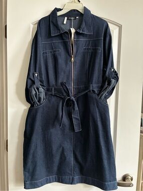 Angel Dark Blue Denim Zip-Front Belted Women's Dress
